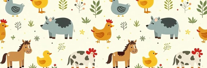 Obraz premium Whimsical design featuring cute barnyard animals like chicken, horse, duck in repeating pattern, repeating, chicken