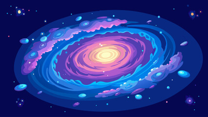 A colorful space scene with a large spiral in the middle. The spiral is surrounded by a blue and pink swirl, and there are many stars and planets scattered throughout the scene. Scene is one of wonder