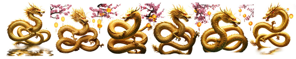 Obraz premium Golden Chinese Dragon Set with Festive Decorations Transparent Background