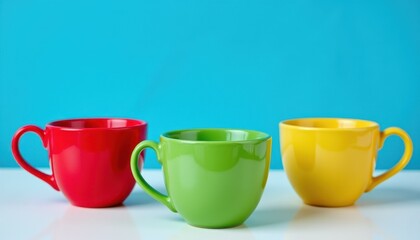 Three cups of different colors   red, green, and yellow   sit neatly arranged on a table with a striking blue background