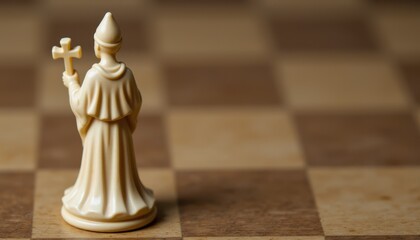 The Bishop piece is a tall, slender figure with a pointed hat, a flowing robe, and a cross shaped staff in hand