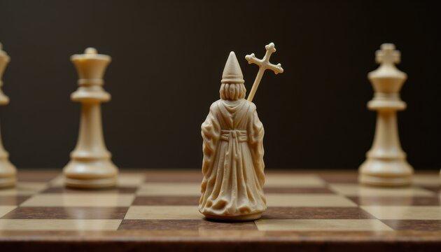The Bishop piece is a tall, slender figure with a pointed hat, a flowing robe, and a cross shaped staff in hand