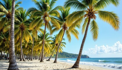 Obraz premium The beach is lined with tall, slender palm trees swaying gently in the warm breeze