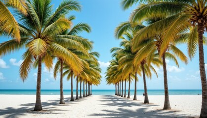 Fototapeta na wymiar The beach is lined with tall, slender palm trees swaying gently in the warm breeze