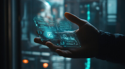 Future technology with holographic display held in hand for data analysis