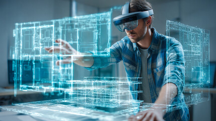 Man using augmented reality ar glasses for architectural design and building plan visualization