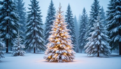 Fototapeta premium The soft white snow blankets the tall Christmas tree in the coniferous forest