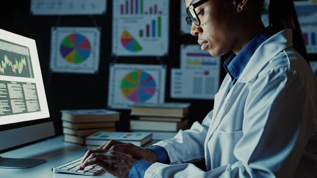 Focused analyst interpreting data on modern computers in dynamic office environment