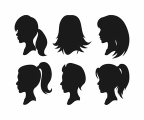 A collection of simple, elegant silhouette profile portraits of women, showcasing diverse hairstyles.