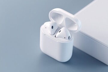 pair of wireless earbuds lying gracefully on monochrome surface with ample copy space around them