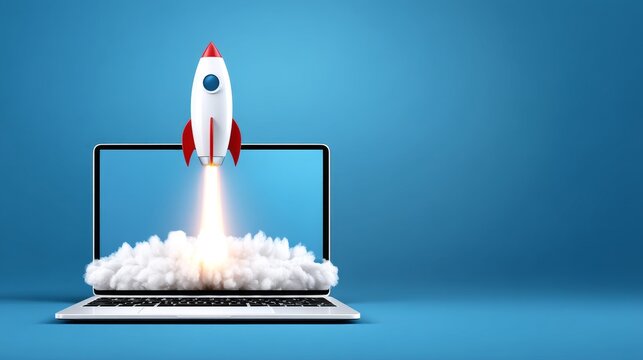 Laptop Rocket Launch Startup Success - A rocket launching from a laptop screen, symbolizing a successful business startup or online project launch