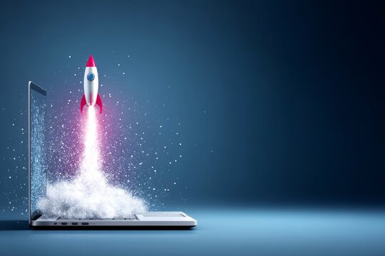 Laptop Rocket Launch Success - A rocket launching from a laptop, symbolizing a successful online business launch or transformation