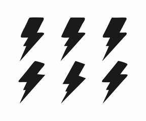 Set of six black lightning bolt icons