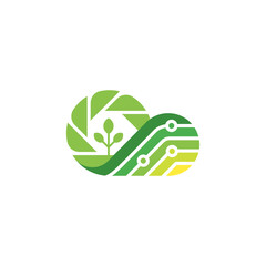 Cloud with Shutter Camera, Farm Leaf and Analytic Graph, Drone Scouting and Landscaping Logo Design Vector
