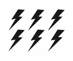 Set of six black lightning bolt icons