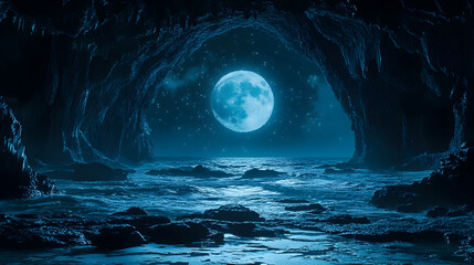Cave opening overlooks ocean at night full moon lights up the scene stars in the night sky Waves are coming to the ro