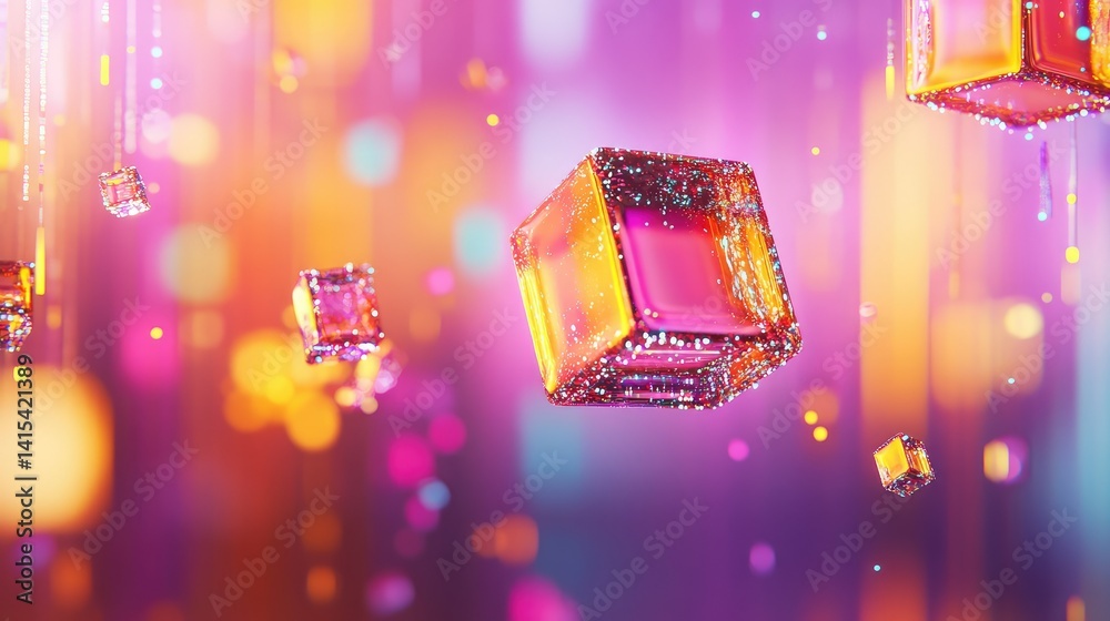 Poster abstract generated image featuring floating geometric shapes, colorful gradients, and digital patter