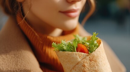 person contentedly enjoying neatly wrapped shawarma portrait style set against blurred background