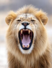 Naklejka premium Majestic Yawning Male Lion Close Up - A powerful symbolizing strength, wildness, nature, vulnerability, and raw power. The lion's open mouth showcases its impressive teeth and tongue