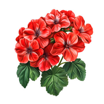 realistic red geranium cluster with vibrant petals and textured green leaves detailed botanical illustration clip art white background