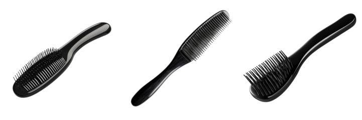 Set of A close-up of a man's hand holding a sleek black hairbrush, styling his short on transparent png background. Ai generated