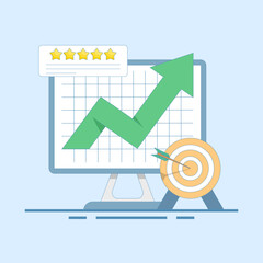 Reputation Marketing Concept. Computer with Target Arrow and Rating Stars. expert stars, excellence or great service, professional quality and good reputation, or best rating. flat design illustration