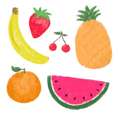 Set collections kawaii cute healthy fresh fruits doodle kids crayon watercolour illustration diet vegan vegetarian tropical summer nursery wall art design clipart element