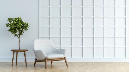Fototapeta premium Modern minimalist living room with a single armchair, small table, and plant