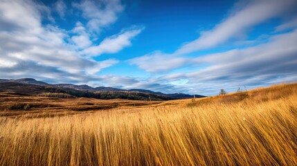 Fototapeta premium Expansive golden grasslands under a vibrant blue sky with distant mountains and clouds