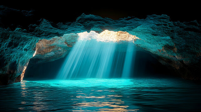 Glistening cave with light shafts beaming down into turquoise water dark cavern surrounds the opening creating a seren