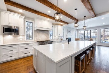 Modern Farmhouse Kitchen Island with Exposed Beams - Luxurious kitchen design, showcasing a large island, white cabinetry, exposed wood beams, and ample natural light. Symbolism: elegance