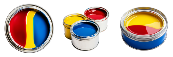 Set of Three metal buckets filled with red, blue, and yellow paint on a wooden floorb on transparent png background. Ai generated