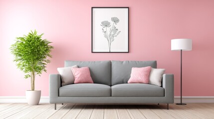 Modern Living Room Interior Design - Grey sofa with pink pillows in a pink room, featuring a framed botanical print and floor lamp. Minimalist and stylish home decor