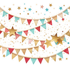 Obraz premium Floating stars and bunting — white background, high resolution, isolated, PNG style