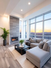 Fototapeta premium Modern Living Room with Sunset View - Luxury apartment living room featuring a sectional sofa, fireplace, and stunning sunset view through large windows