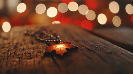 Glowing maple leaf pendant on rustic wood, warm sunlight and soft bokeh, embodying Canadian pride and serenity.