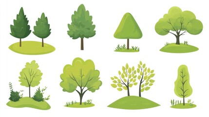 Colorful cartoon trees on grassy knolls. Various tree types. Background Grassy hills. Possible use Children's book illustration