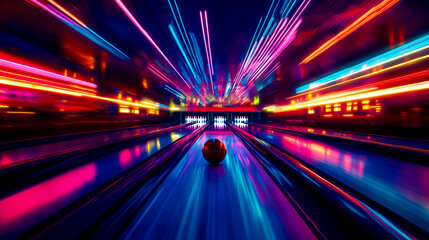Fototapeta premium Vibrant neon-lit bowling alley with a ball flying towards the pins