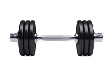 Naklejka premium A powerful chrome barbell with stacked black weights, ready for a serious workout, against a bright white background.