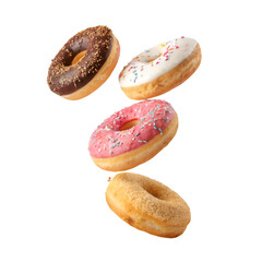 3 donuts falling isolated on white background