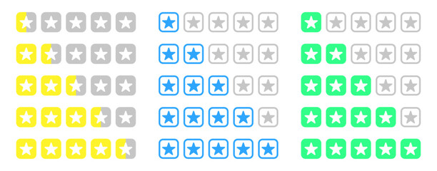 Set of colorful star rating icons in yellow, blue, and green, showing various levels of rating from one to five stars. Represents feedback, reviews, quality assessment, and customer satisfaction.