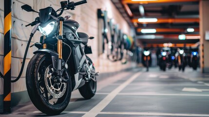 Stylish electric motorcycle charging in modern parking garage