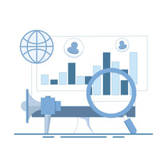 Visitor traffic concept organizes statistics graphs, user engagement and conversion rates, tracking site traffic. Globe laptop monitor focus with visits graph, flat illustration.