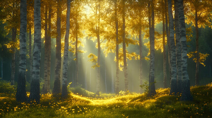 Obraz premium Sunlit forest silver birch trees standing in golden light dappled clearing creating a serene and vibrant atmosphere