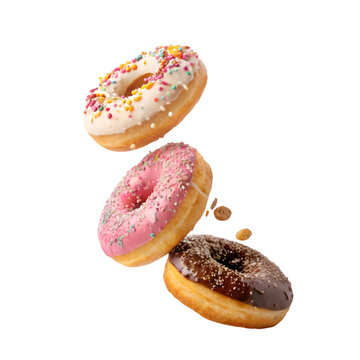 3 donuts falling isolated on white background