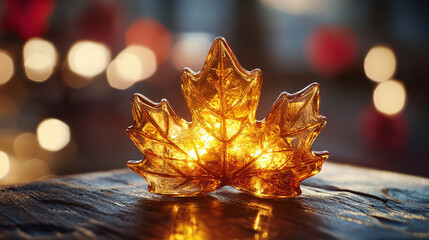 Glowing maple leaf pendant on rustic wood, warm sunlight and soft bokeh, embodying Canadian pride and serenity.