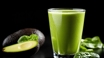 Green smoothie with spinach and avocado in a glass on a dark surface with fresh ingredients nearby