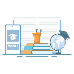 Online education concept, Open book with smartphone, World map webinar, Online business training, E-learning concept, Digital marketing. Flat cartoon design illustration on isolated background.