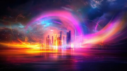 Futuristic generated image of a surreal cityscape with glowing skyscrapers, digital skies, and abstract elements in neon hues on dark backdrop