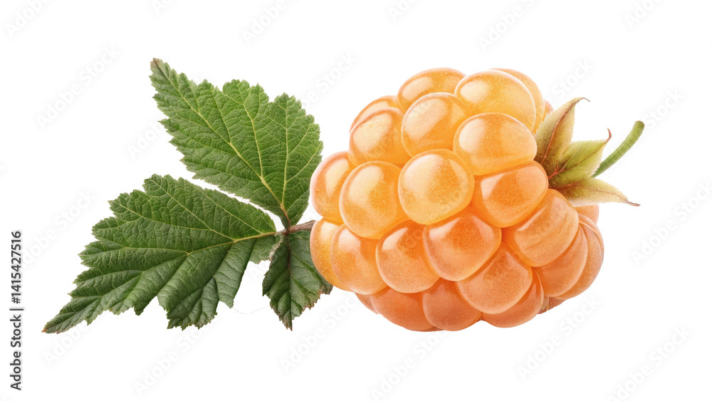 Poster soft orange cloudberry with glowing appearance is isolated on transparency background, accompanied b